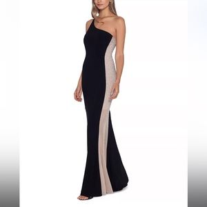 xscape macys black event dress - nude and rhinestones